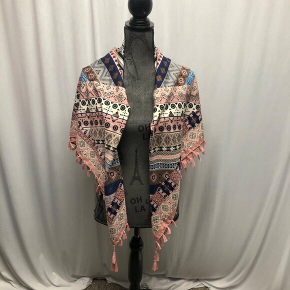 Bohemian Inspired Pink Blue Geometric Patterned Scarf Tassels Square 43x43in - Picture 1 of 5